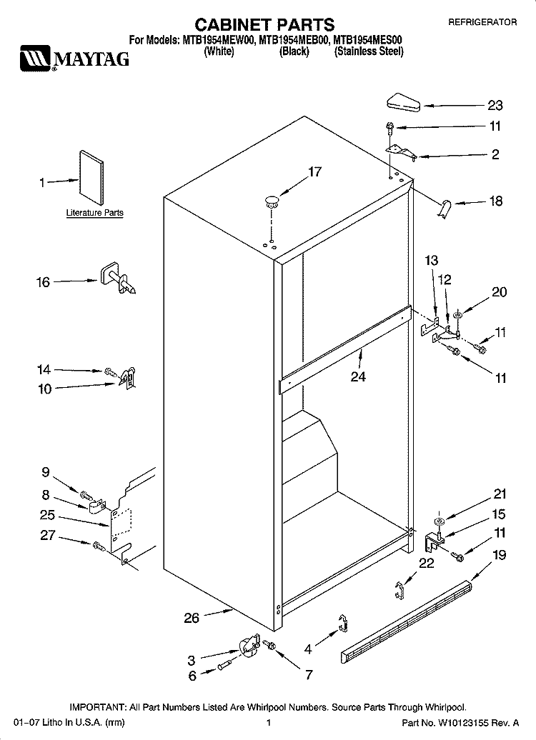 CABINET PARTS Diagram and Parts List for MTB1954MEB00  Whirlpool Refrigerator