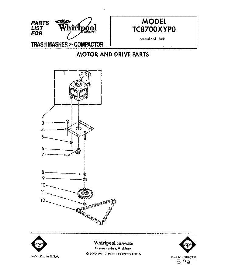 MOTOR AND DRIVE, LIT/OPTIONAL Diagram and Parts List for TC8700XYP0  Whirlpool Trash Compactor
