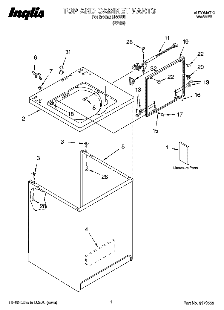 TOP AND CABINET PARTS Diagram and Parts List for IJ46001  Inglis Washer