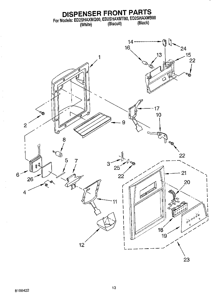 DISPENSER FRONT PARTS Diagram and Parts List for ED2SHAXMB00  Whirlpool Refrigerator
