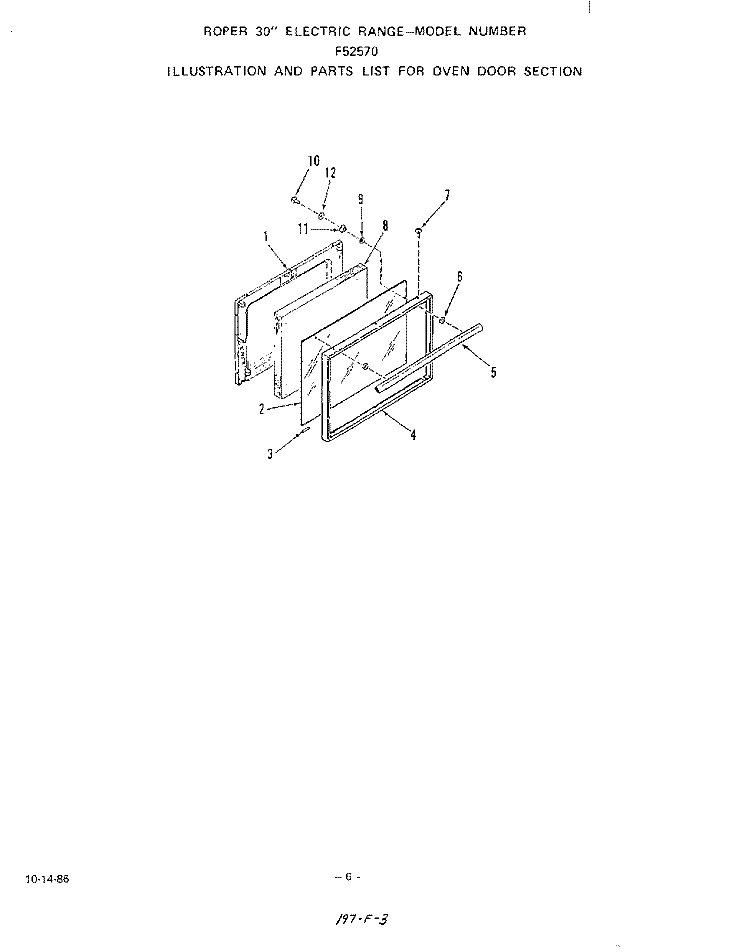 OVEN DOOR Diagram and Parts List for F5257W0  Roper Range