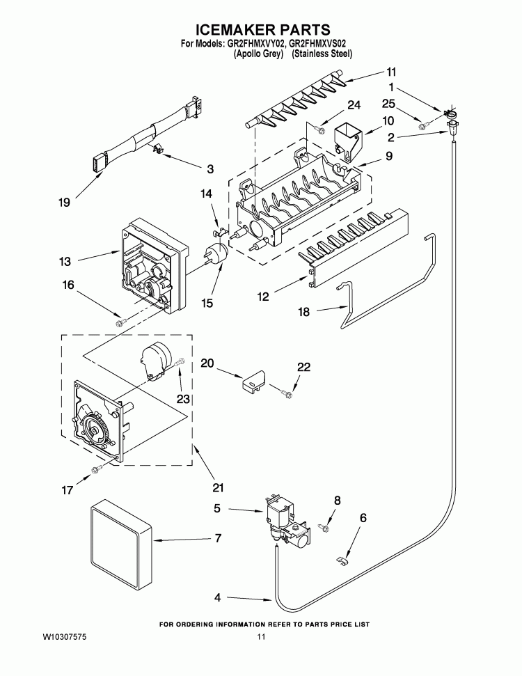ICEMAKER PARTS Diagram and Parts List for GR2FHMXVS02  Whirlpool Refrigerator