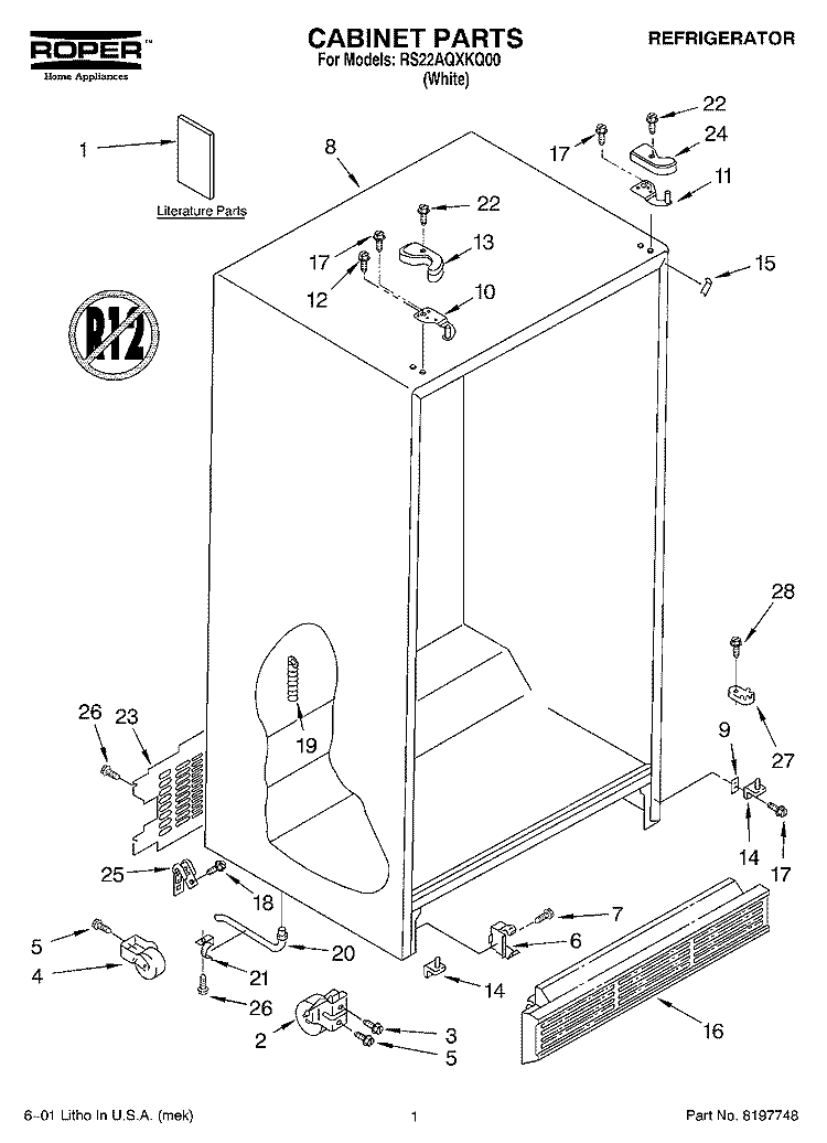 CABINET, LITERATURE Diagram and Parts List for RS22AQXKQ00  Roper Refrigerator