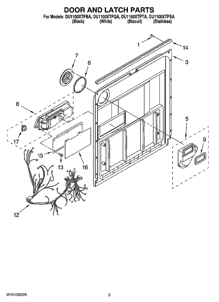 DOOR AND LATCH PARTS Diagram and Parts List for DU1100XTPBA  Whirlpool Dishwasher