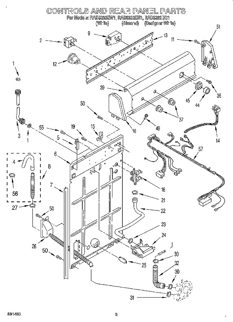 CONTROLS AND REAR PANEL Diagram and Parts List for RAB5232EN1  Roper Washer