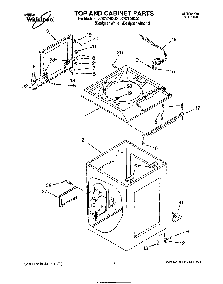TOP AND CABINET Diagram and Parts List for LCR7244DQ0  Whirlpool Washer