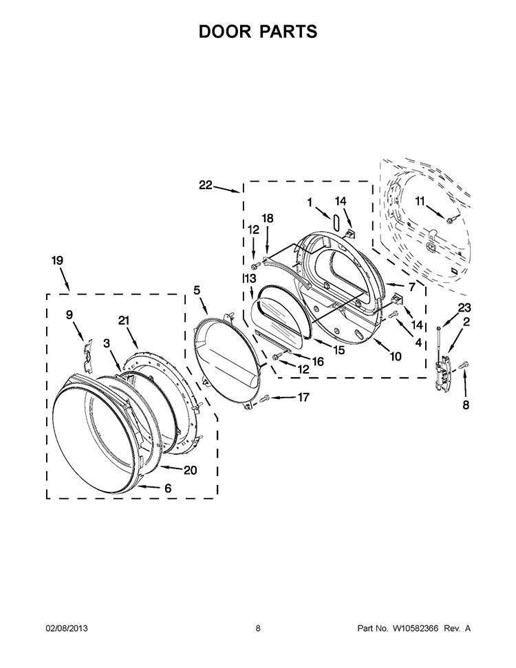 DOOR PARTS Diagram and Parts List for WED9371YW1  Whirlpool Dryer