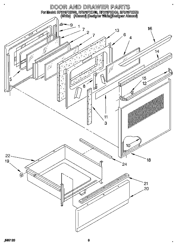 DOOR AND DRAWER Diagram and Parts List for RF376PXDW0  Whirlpool Range