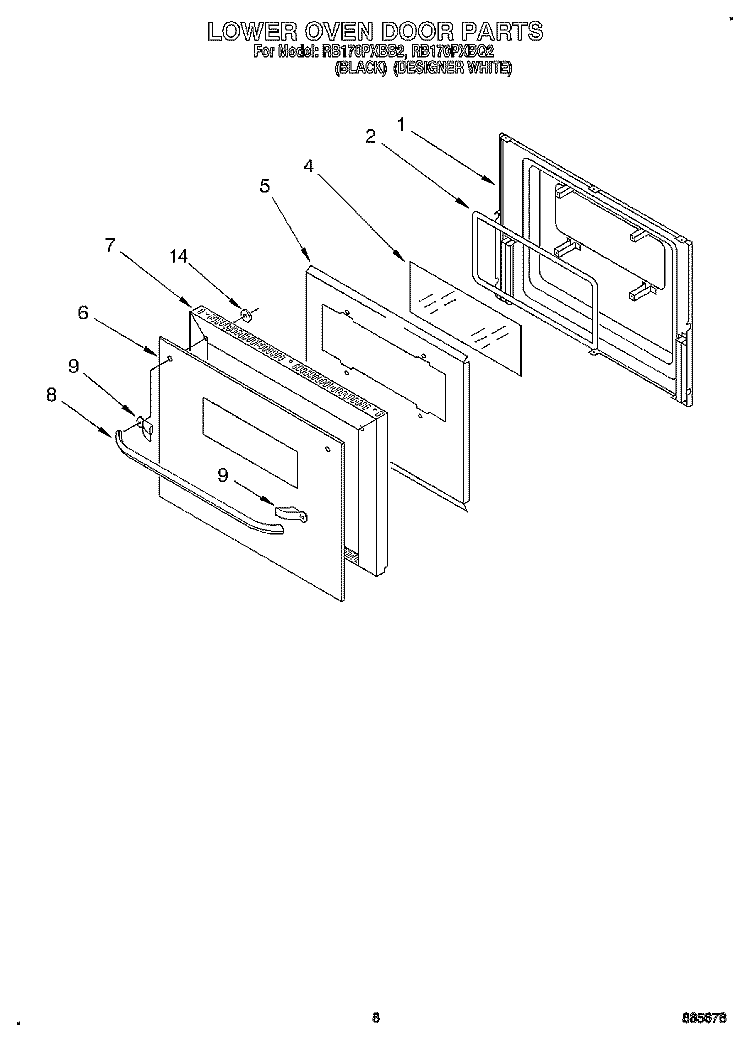 LOWER OVEN DOOR Diagram and Parts List for RB170PXBQ2  Whirlpool Wall Oven