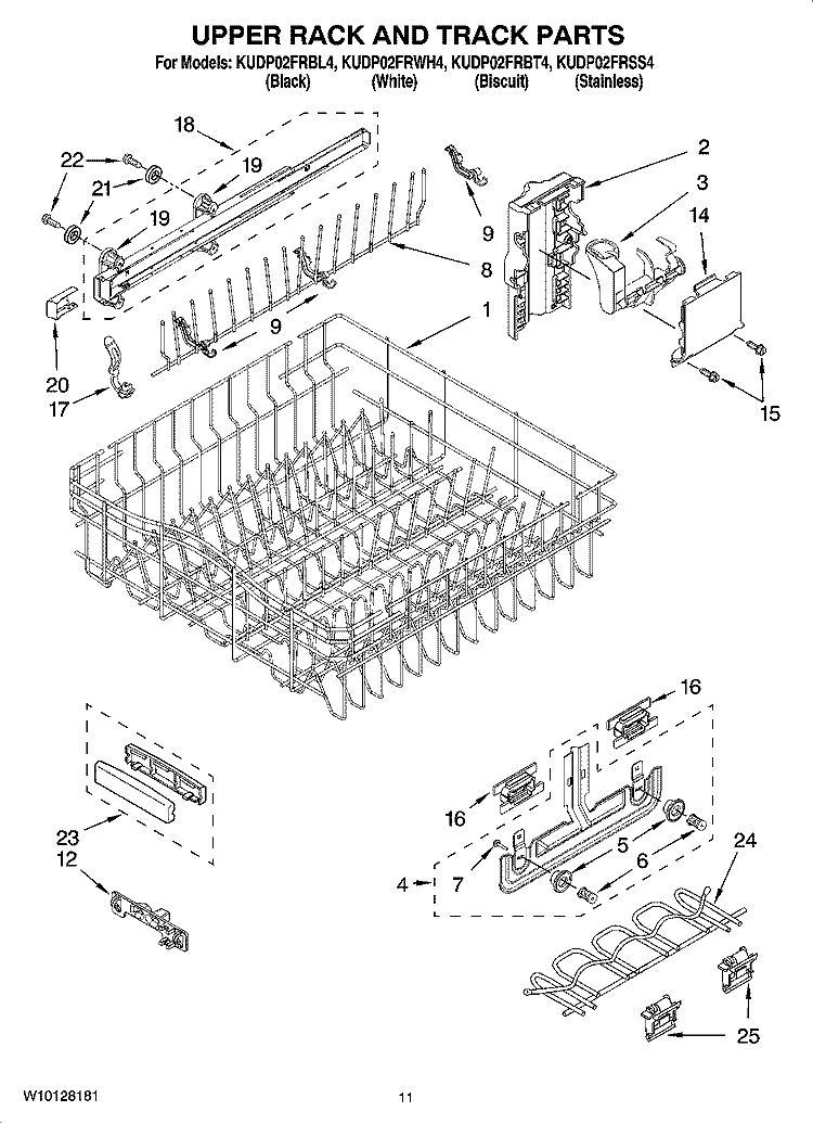 UPPER RACK AND TRACK PARTS Diagram and Parts List for KUDP02FRBL4  KitchenAid Dishwasher