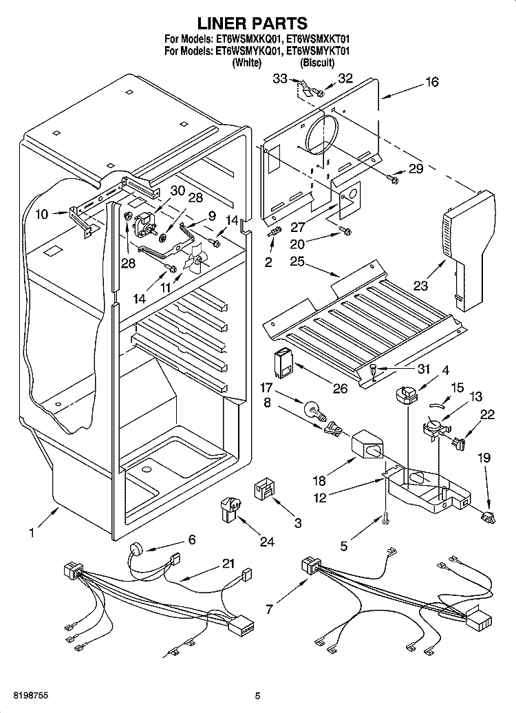 LINER PARTS Diagram and Parts List for ET6WSMYKT01  Whirlpool Refrigerator