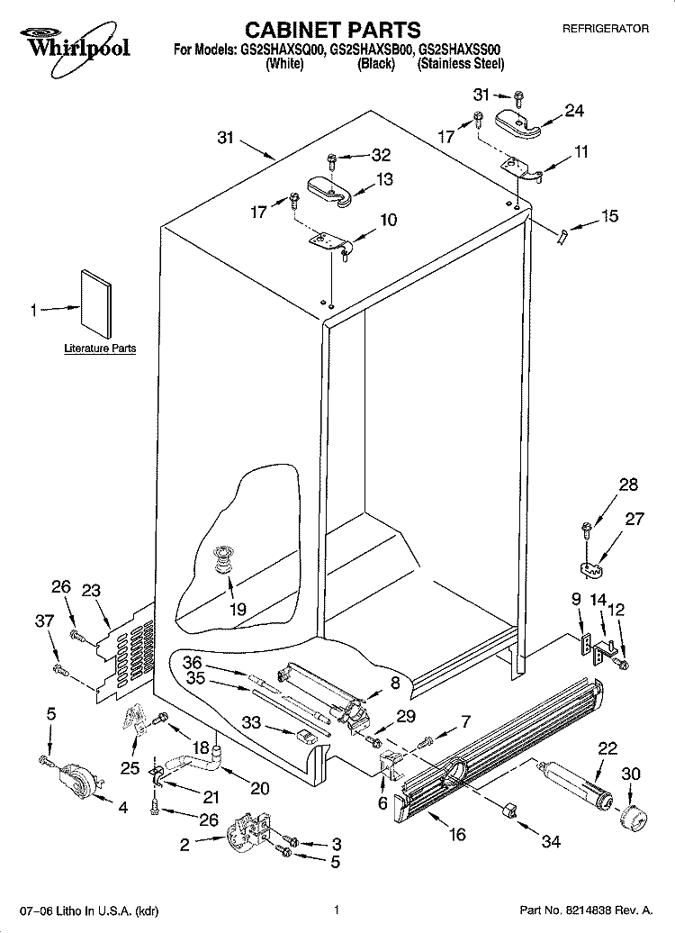 CABINET PARTS Diagram and Parts List for GS2SHAXSB00  Whirlpool Refrigerator