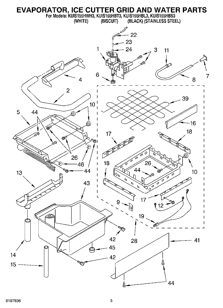 EVAPORATOR, ICE CUTTER GRID AND WATER Diagram and Parts List for KUIS155HBT3  KitchenAid Ice Maker