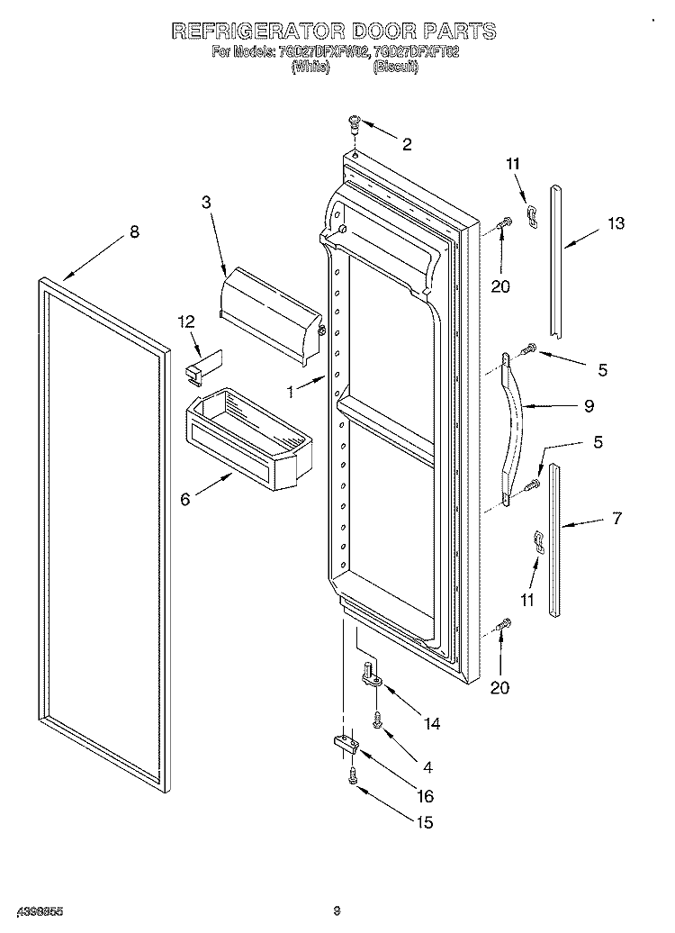 REFRIGERATOR DOOR Diagram and Parts List for 7GD27DFXFT02  Whirlpool Refrigerator