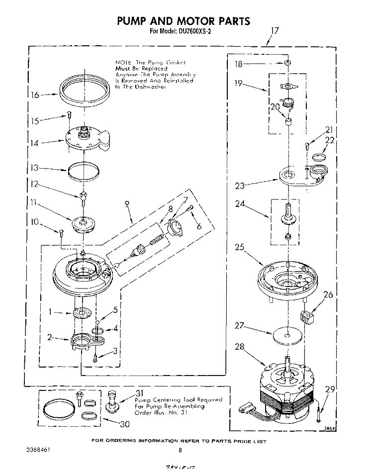 PUMP AND MOTOR Diagram and Parts List for DU7600XS2  Whirlpool Dishwasher