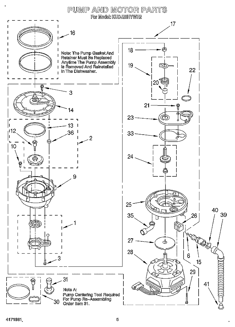 PUMP AND MOTOR Diagram and Parts List for KUDJ23HYWH2  KitchenAid Dishwasher