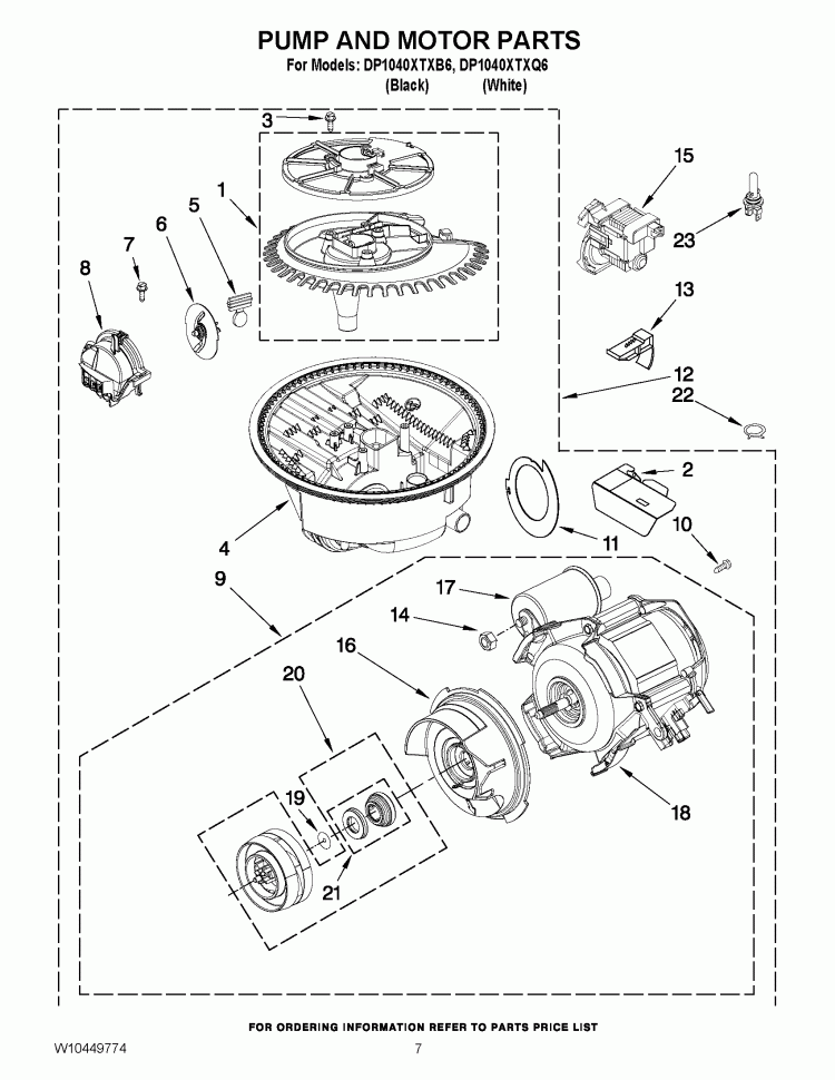 PUMP AND MOTOR PARTS Diagram and Parts List for DP1040XTXQ6  Whirlpool Dishwasher
