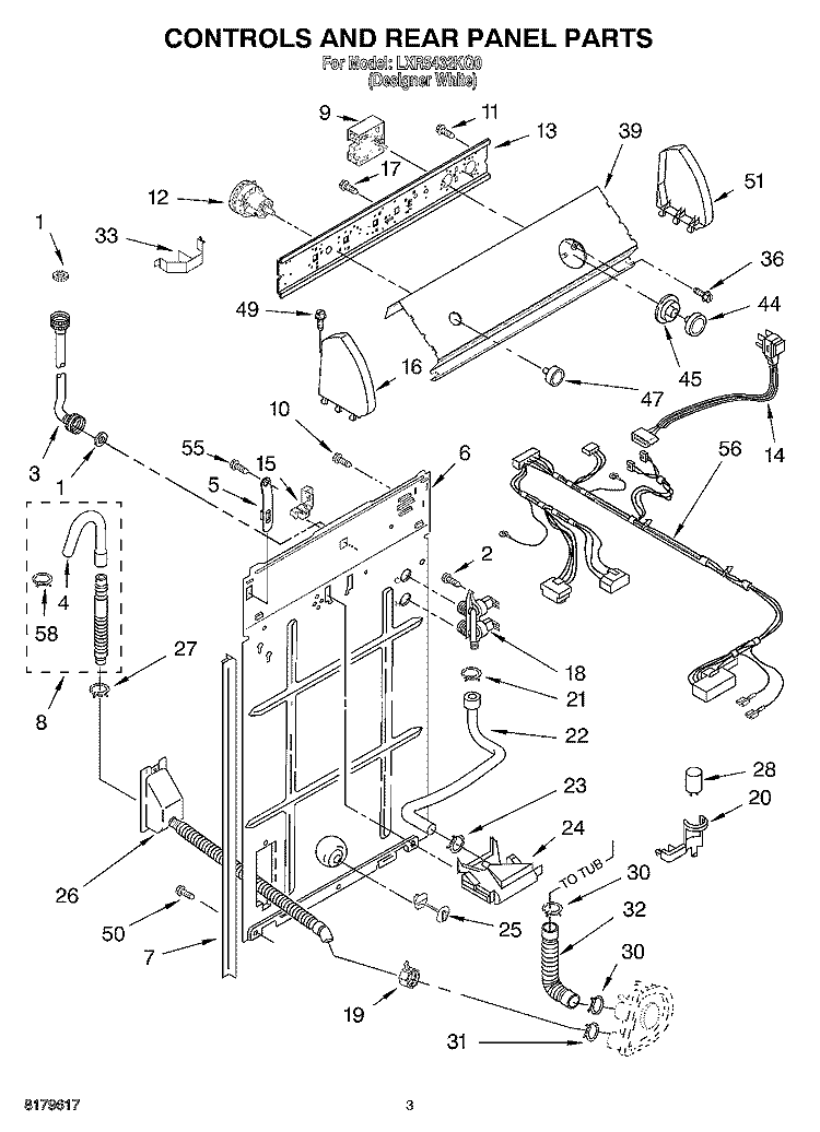 CONTROLS AND REAR PANEL Diagram and Parts List for LXR5432KQ0  Whirlpool Washer