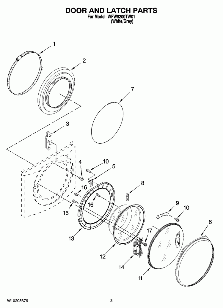 DOOR AND LATCH PARTS Diagram and Parts List for WFW8200TW01  Whirlpool Washer