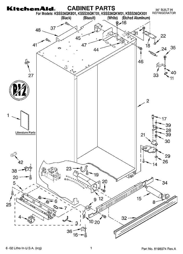 CABINET, LITERATURE Diagram and Parts List for KSSS36QKT01  KitchenAid Refrigerator