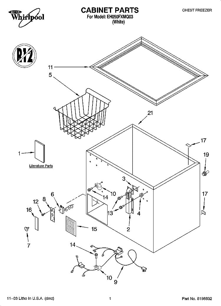 CABINET PARTS Diagram and Parts List for EH050FXMQ03  Whirlpool Freezer