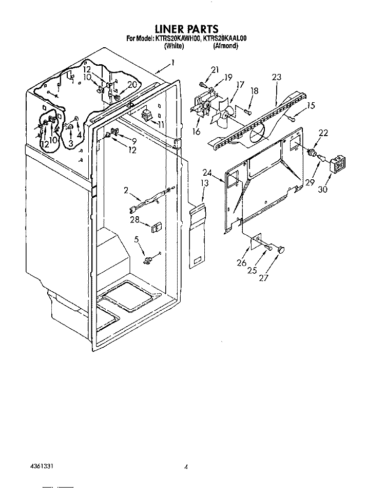 LINER Diagram and Parts List for KTRS20KAWH00  KitchenAid Refrigerator