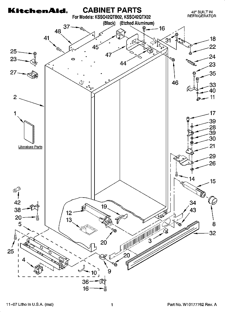 CABINET PARTS Diagram and Parts List for KSSO42QTX02  KitchenAid Refrigerator