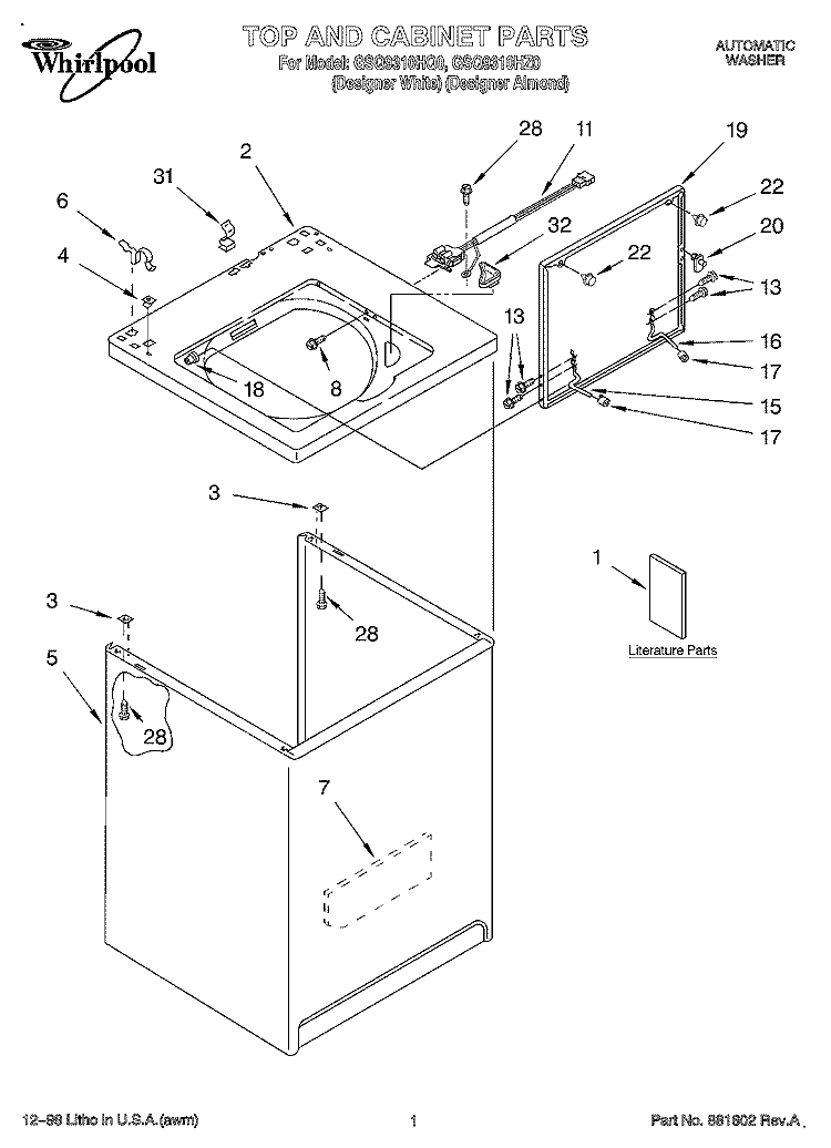TOP AND CABINET, LITERATURE Diagram and Parts List for GSQ9310HQ0  Whirlpool Washer