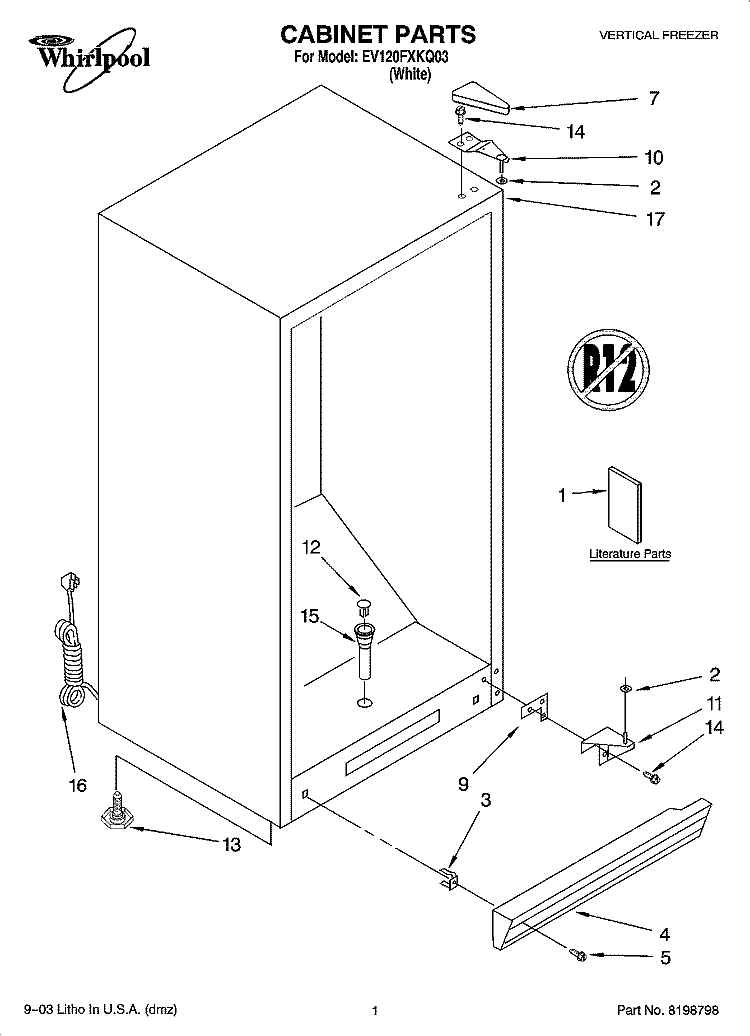 CABINET PARTS Diagram and Parts List for EV120FXKQ03  Whirlpool Freezer