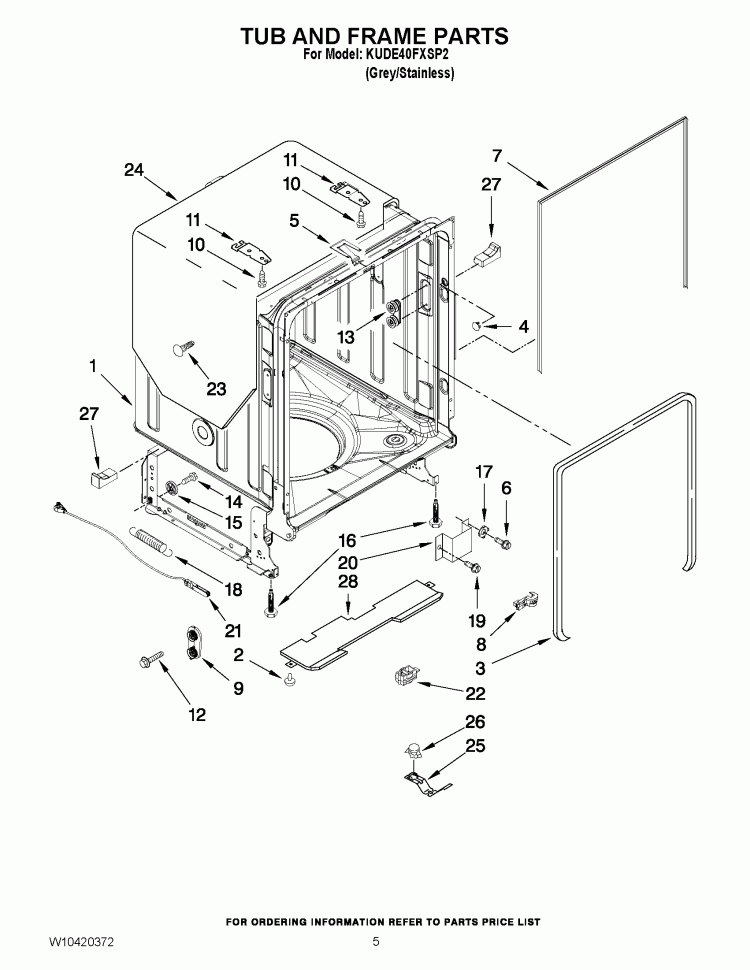 TUB AND FRAME PARTS Diagram and Parts List for KUDE40FXSP2  KitchenAid Dishwasher