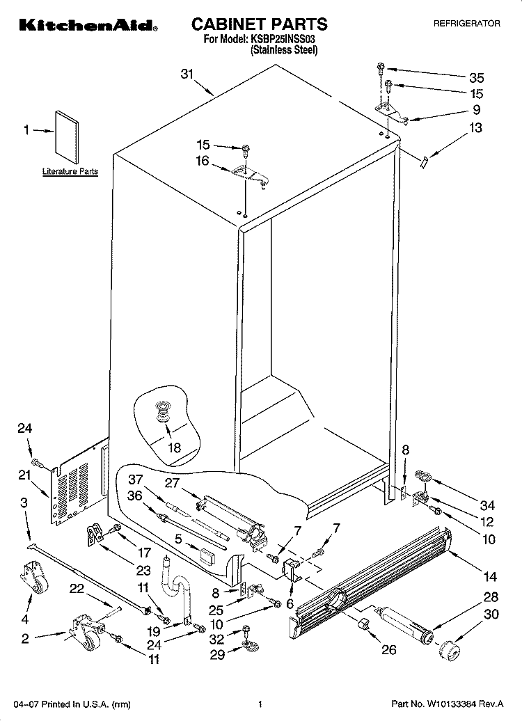 CABINET PARTS Diagram and Parts List for KSBP25INSS03  KitchenAid Refrigerator