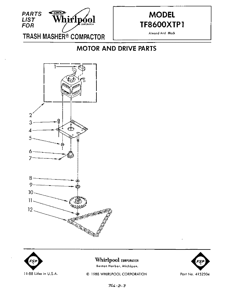 MOTOR AND DRIVE , LIT/OPTIONAL Diagram and Parts List for TF8600XTP1  Whirlpool Trash Compactor