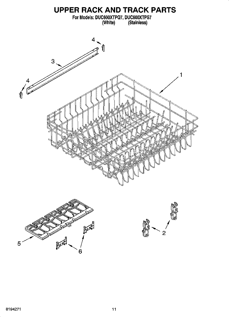 UPPER RACK AND TRACK PARTS Diagram and Parts List for DUC600XTPS7  Whirlpool Dishwasher