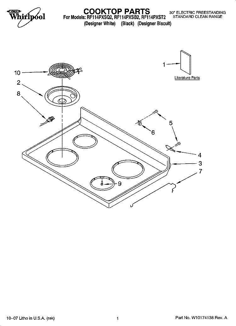 COOKTOP PARTS Diagram and Parts List for RF114PXSB2  Whirlpool Range