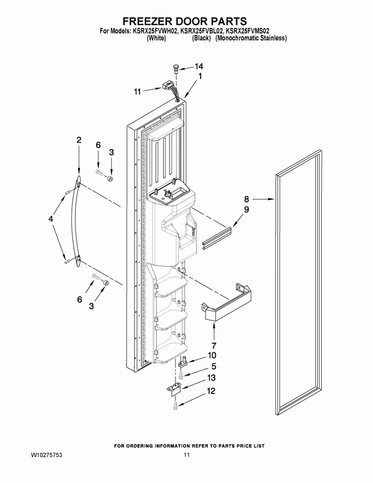 FREEZER DOOR PARTS Diagram and Parts List for KSRX25FVMS02  KitchenAid Refrigerator