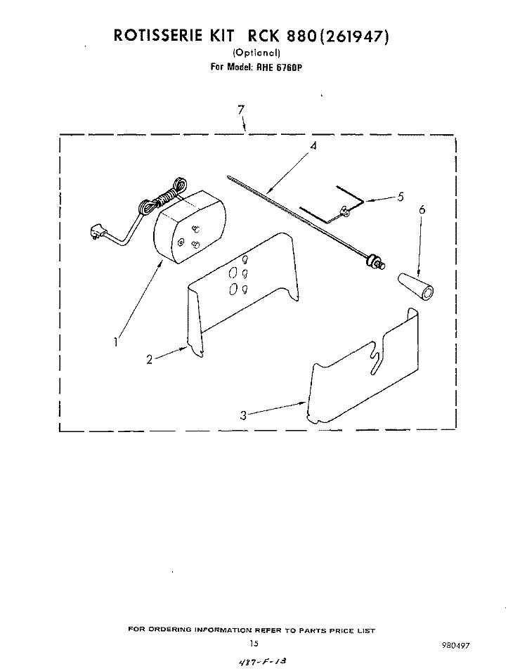 ROTISSERIE RCK 880 (261947) , LIT/OPTIONAL Diagram and Parts List for RHE6760P  Whirlpool Range