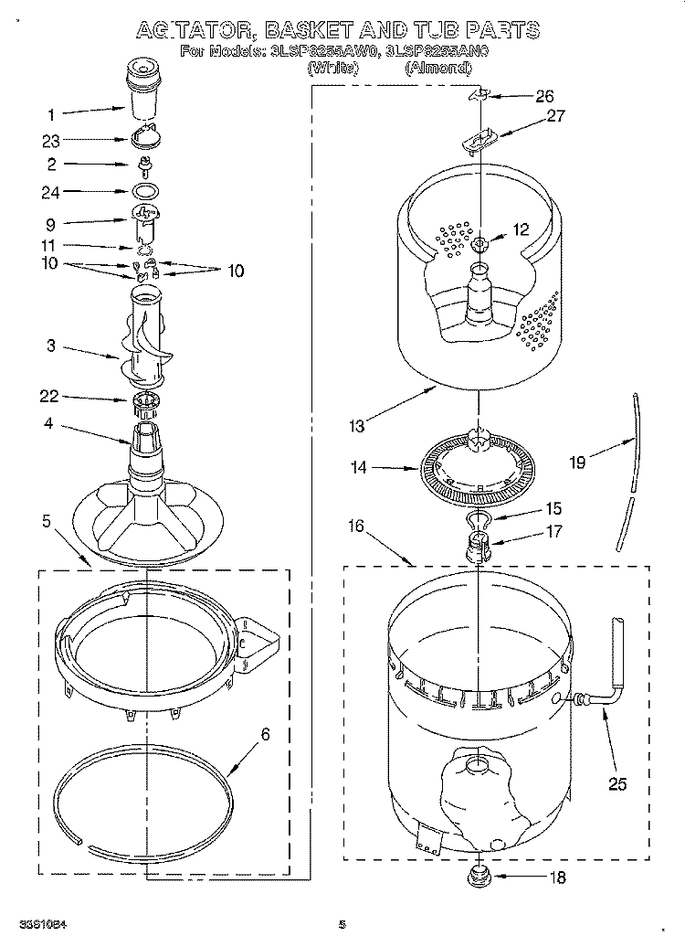 AGITATOR, BASKET AND TUB Diagram and Parts List for 3LSP8255AW0  Whirlpool Washer