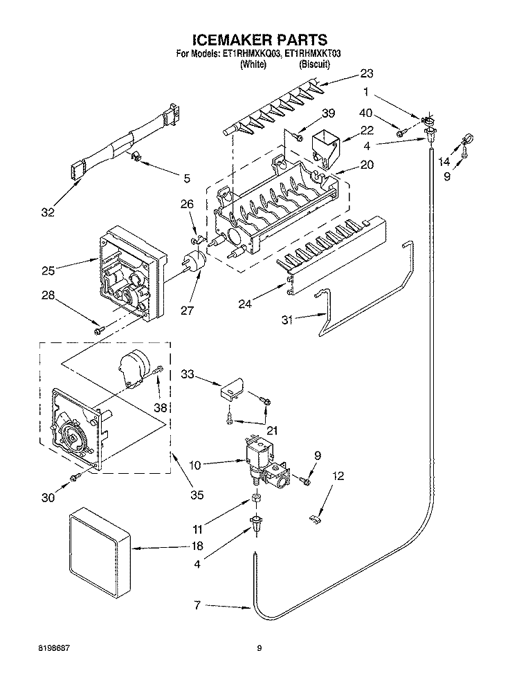 ICEMAKER PARTS Diagram and Parts List for ET1RHMXKT03  Whirlpool Refrigerator