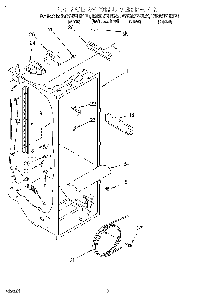 REFRIGERATOR LINER Diagram and Parts List for KSRB27FHBL01  KitchenAid Refrigerator