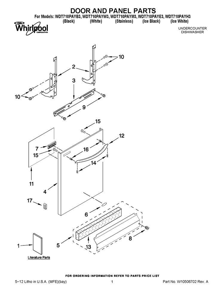 DOOR AND PANEL PARTS Diagram and Parts List for WDT710PAYB3  Whirlpool Dishwasher