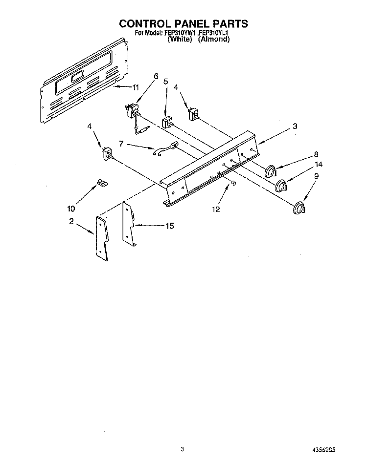 CONTROL PANEL Diagram and Parts List for FEP310YW1  Roper Range