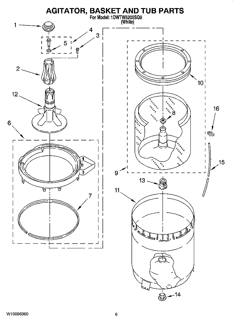 AGITATOR, BASKET AND TUB PARTS Diagram and Parts List for 1DWTW5205SQ0  Whirlpool Washer
