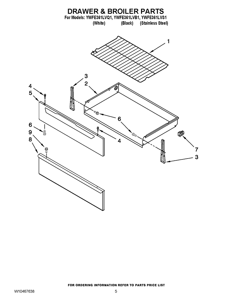 DRAWER & BROILER PARTS Diagram and Parts List for YWFE361LVB1  Whirlpool Range