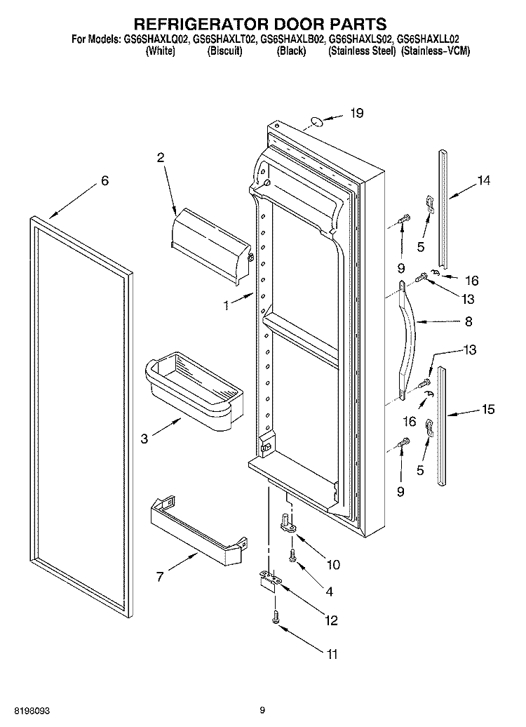 REFRIGERATOR DOOR Diagram and Parts List for GS6SHAXLT02  Whirlpool Refrigerator