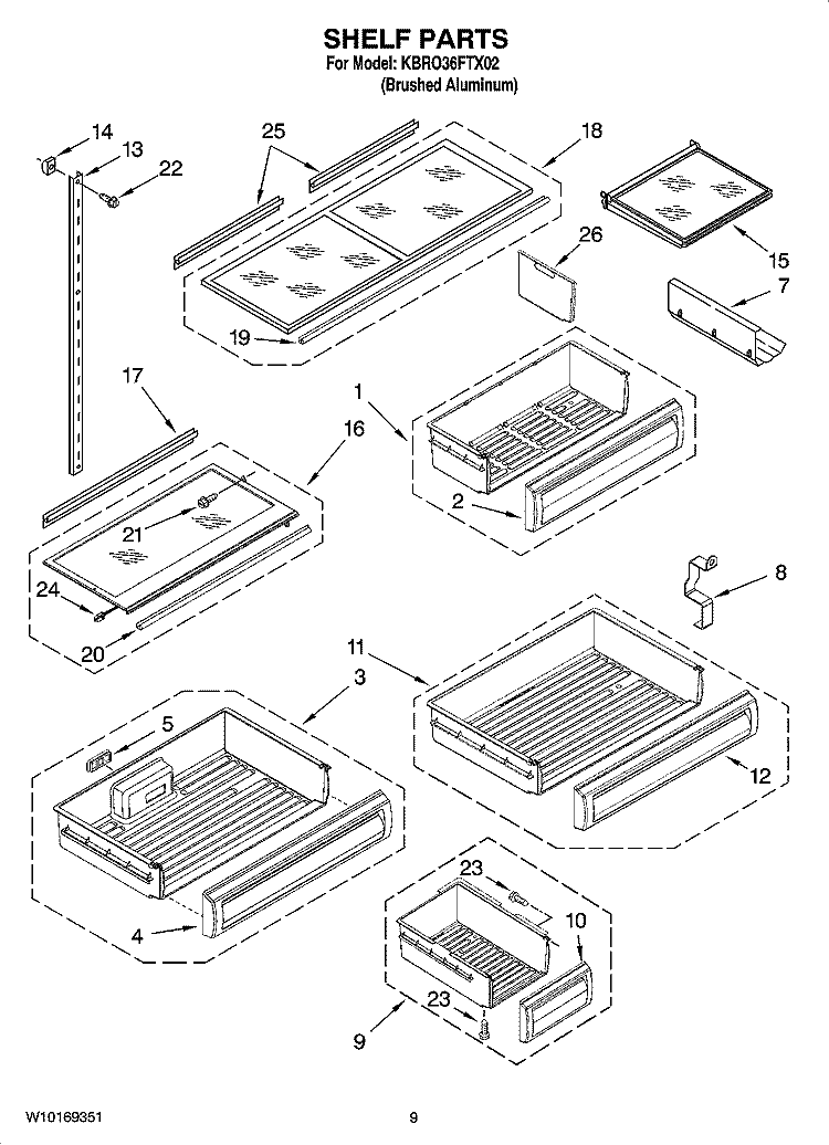 SHELF PARTS Diagram and Parts List for KBRO36FTX02  KitchenAid Refrigerator