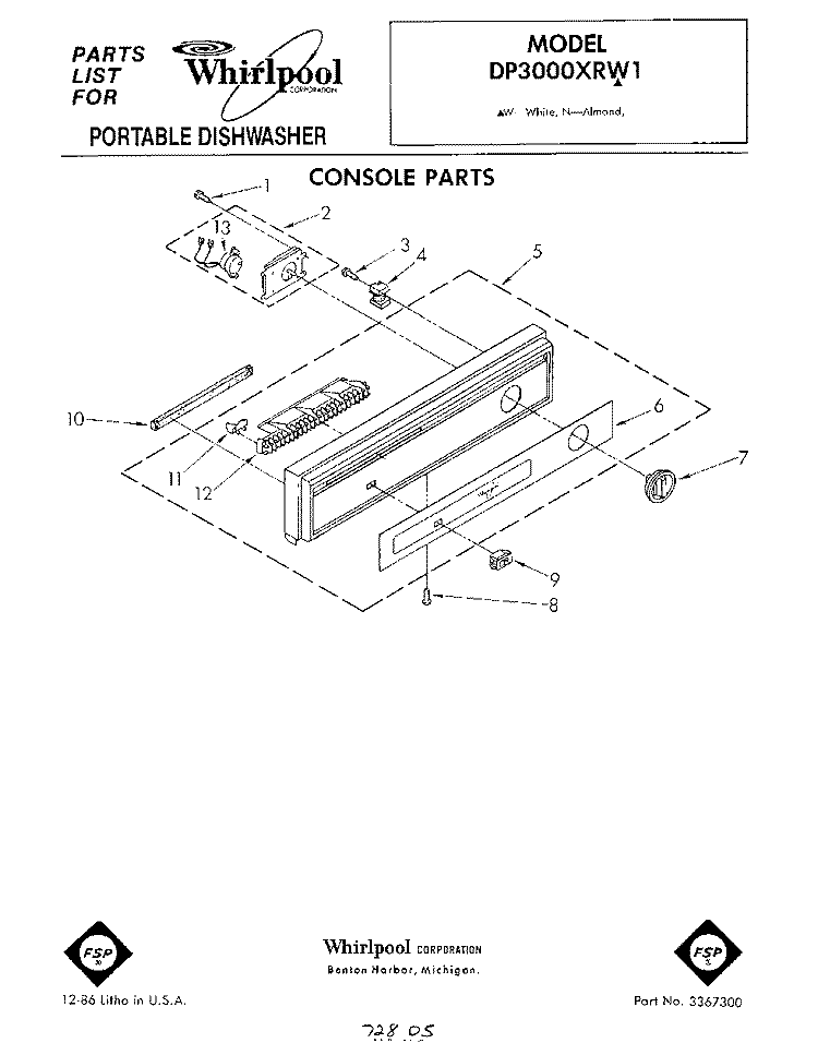 CONSOLE Diagram and Parts List for DP3000XRN1  Whirlpool Dishwasher