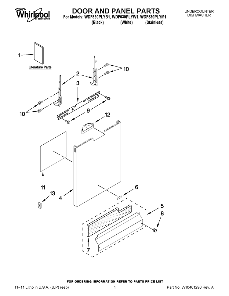 DOOR AND PANEL PARTS Diagram and Parts List for WDF530PLYB1  Whirlpool Dishwasher