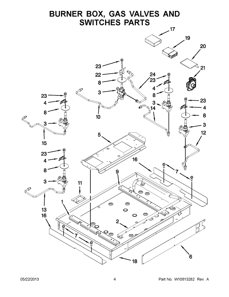 BURNER BOX, GAS VALVES AND SWITCHES PARTS Diagram and Parts List for KFGS306VSS04  KitchenAid Cooktop