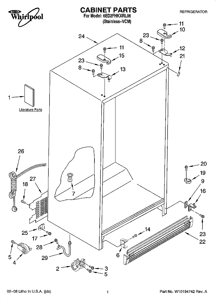 CABINET PARTS Diagram and Parts List for 6ED2FHKXRL06  Whirlpool Refrigerator