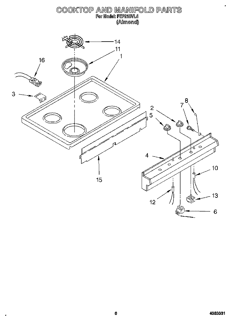COOKTOP AND MANIFOLD Diagram and Parts List for FEP210VL4  Roper Range